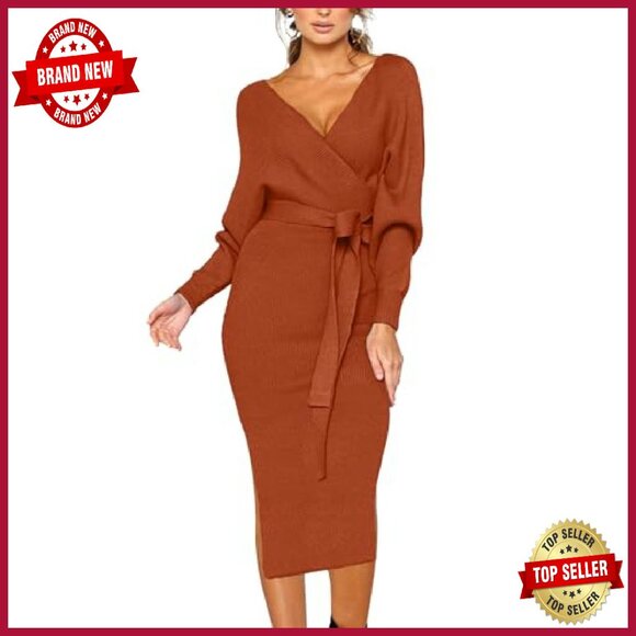 V Neck Backless Bodycon Sweater Dress with Belt Long Sleeve - Picture 2 of 8